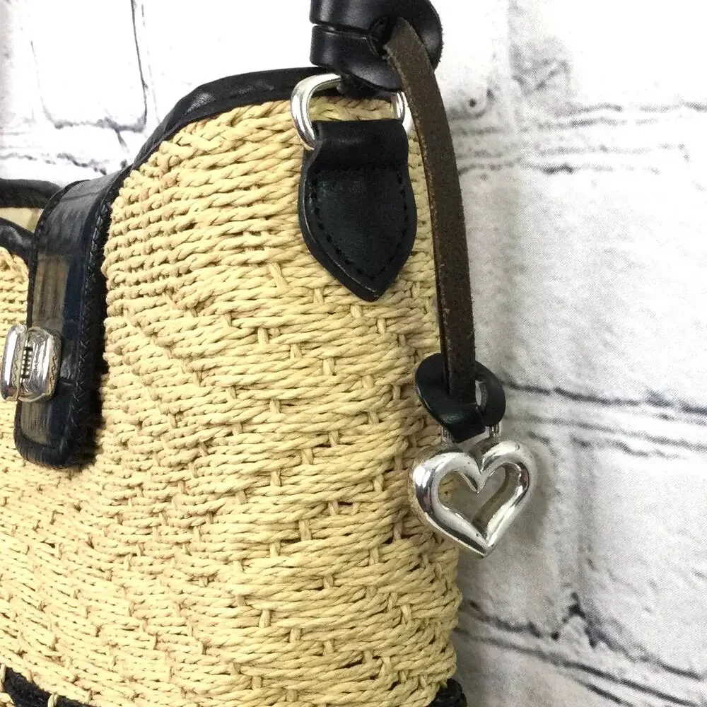 Brighton Cottagecore Cream Woven Straw Black Leather Braided Handle Baguette